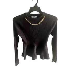 LoveTrend New York Black Ribbed‎ Peplum Top with Gold Chain Detail Size L